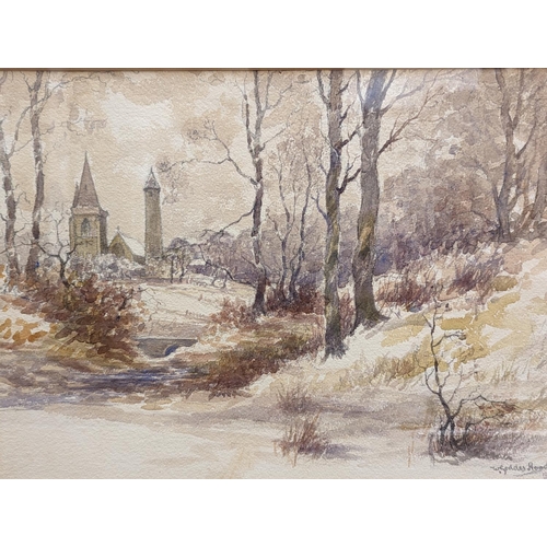 425 - WILLIAM GEDDES HOOD, bridge over a river before a kirk, watercolour, signed and dated 1919 lower rig... 