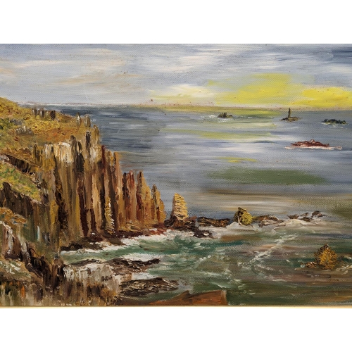 417 - Manner of D A KERR (Scottish Contemporary), a view from the cliffs, oil on board, unsigned, 45cm x 6... 