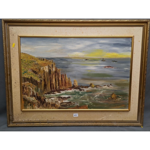 417 - Manner of D A KERR (Scottish Contemporary), a view from the cliffs, oil on board, unsigned, 45cm x 6... 