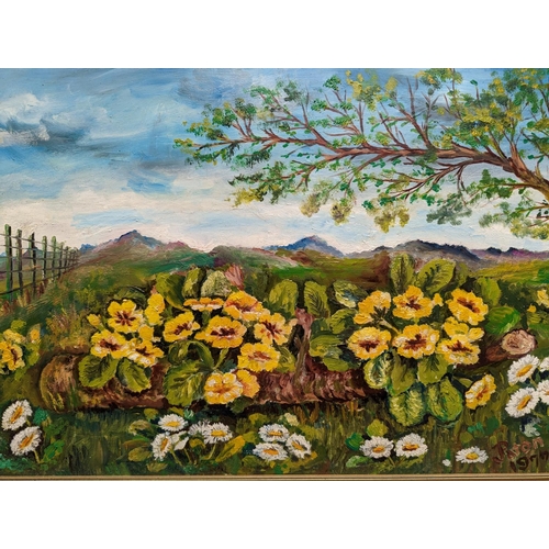 419 - PATON, marigold bed in a highland landscape, oil on board, signed and dated 1977 lower right, 34cm x... 