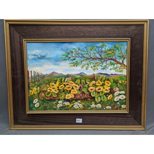 419 - PATON, marigold bed in a highland landscape, oil on board, signed and dated 1977 lower right, 34cm x... 