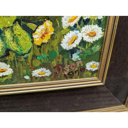 419 - PATON, marigold bed in a highland landscape, oil on board, signed and dated 1977 lower right, 34cm x... 