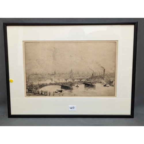 427 - Manner of WILLIAM LIONEL WYLLIE RA (1851-1931), London, etching, unsigned, 22cm x 37cm, frame 39cm x... 