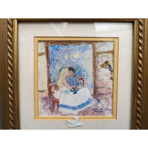 445 - MOLLIE MARCELLINO, two interior scenes Caffe Florian Venice, mixed medias, 11cm x 11cm, frames 22cm ... 