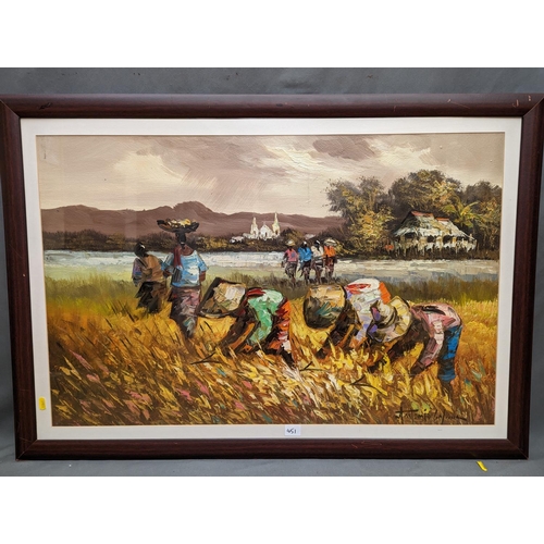 451 - ANTONIO CALMA (Mexican b1954), Philippine farmers harvesting, oil painting, signed lower right, 54cm... 