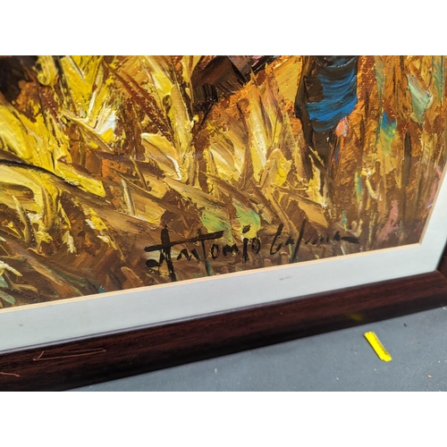 451 - ANTONIO CALMA (Mexican b1954), Philippine farmers harvesting, oil painting, signed lower right, 54cm... 