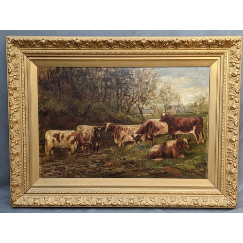 453 - ROBERT SMELLIE (Scottish fl. 1880-1908), cows by a river, oil on canvas, signed and dated '89 lower ... 