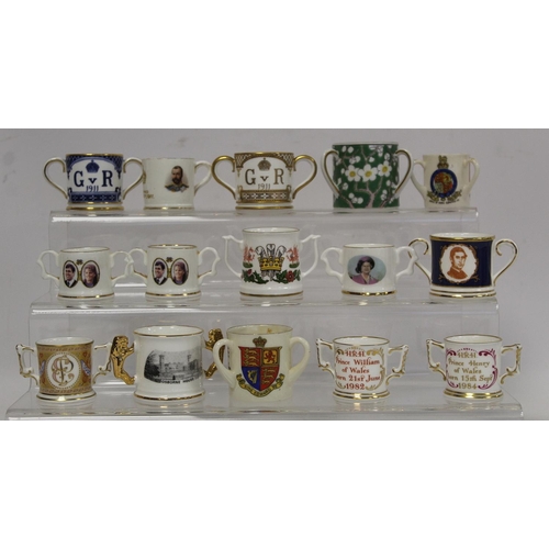 307 - Collection of sixteen miniature royal commemorative tygs, loving cups and a mug including Royal Crow... 