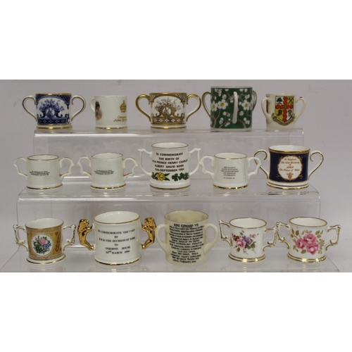 307 - Collection of sixteen miniature royal commemorative tygs, loving cups and a mug including Royal Crow... 