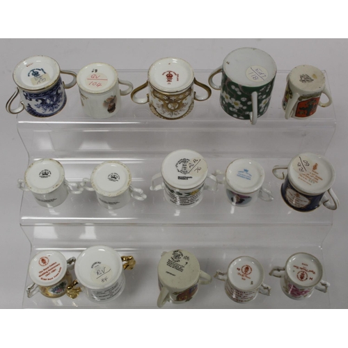 307 - Collection of sixteen miniature royal commemorative tygs, loving cups and a mug including Royal Crow... 