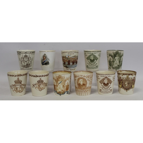 343 - Ten Doulton Burslem commemorative beakers for the Jubilees of Queen Victoria 1887 and 1897; also a s... 