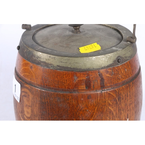 1 - Oak and EP mounted biscuit barrel, with swing-handle, 15cm excluding handle.