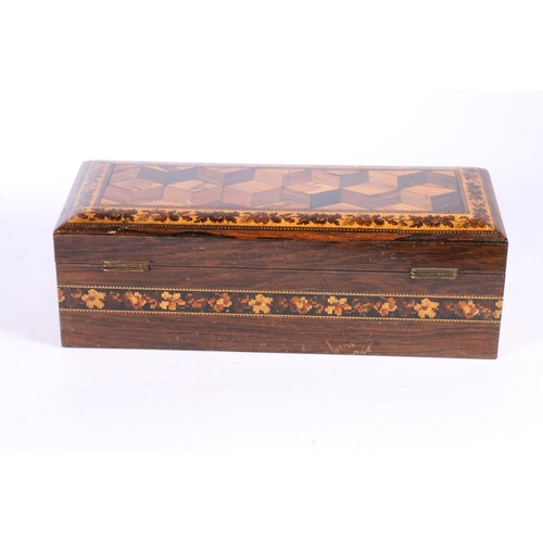 11 - Specimen wood Tunbridgeware hinge top box, 26cm.