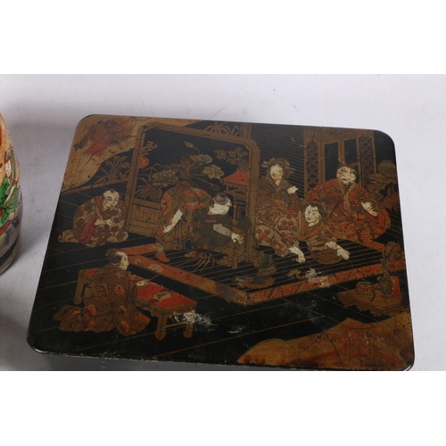 128 - Japanese lacquered box, an oriental crackleware vase, a Canton famille verte plate, and a Chinese gi... 