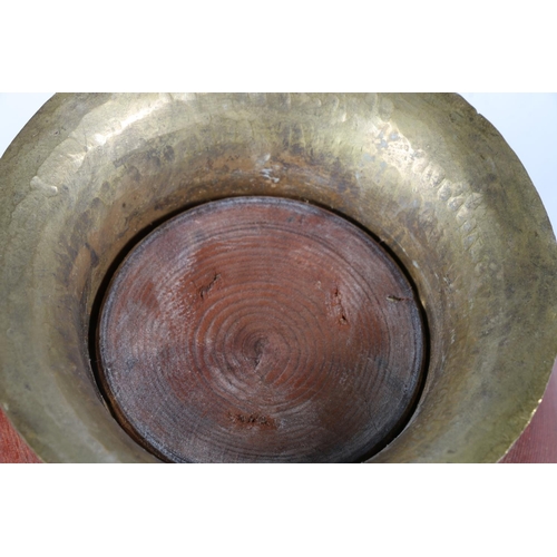 13 - Tibetan treen pencil jar and cover, decorated with metal work banding and set with coral and blue st... 