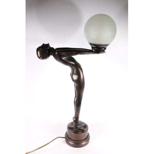 143 - Composite Art Deco style lamp ion the form of a female holding a globe, 68cm high.