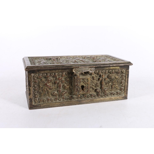 159A - Impressive cast metal hinge-top box, depicting scenes of cherubs dancing amongst scrolls, 17cm wide.