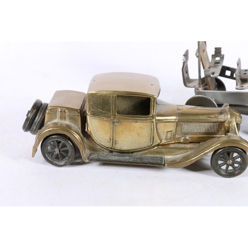 223 - Brass model of a 1928 Bugatti Tipo, and a novelty car model made from bolts, spark plugs, etc.