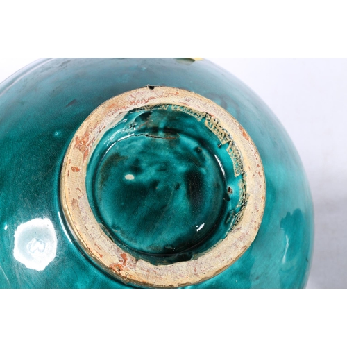 225 - Teal ground bowl, with brass rim, 22cm diameter, and a Far North Studio Pottery vase.  (2)