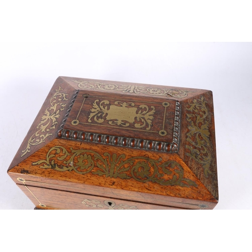 4 - Rosewood brass marquetry inlaid hinge top box of sarcophagus form, raised on bun feet, 23cm wide.