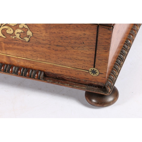 4 - Rosewood brass marquetry inlaid hinge top box of sarcophagus form, raised on bun feet, 23cm wide.