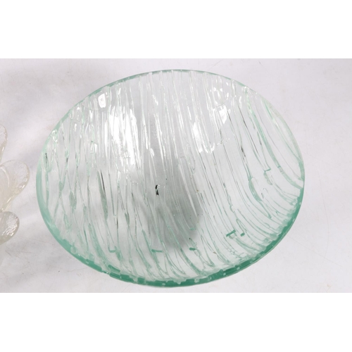 67 - Two Art Glass bowls, one in the form of a flower, 21cm diameter, the other with textured striped int... 