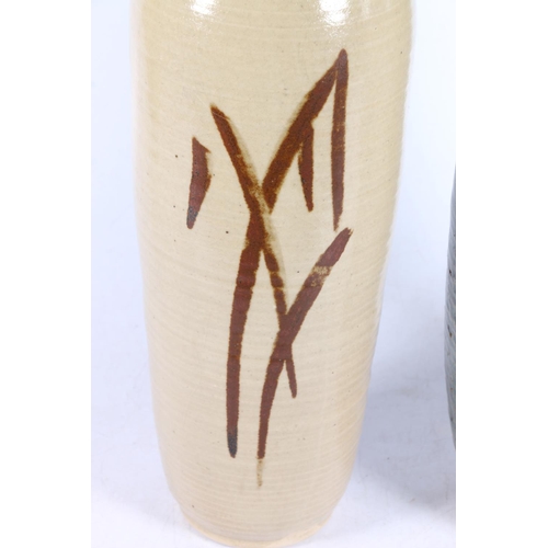 89 - Studio Pottery ribbed vase, decorated with naturalistic branches to side, signed 'Coull' to base, an... 