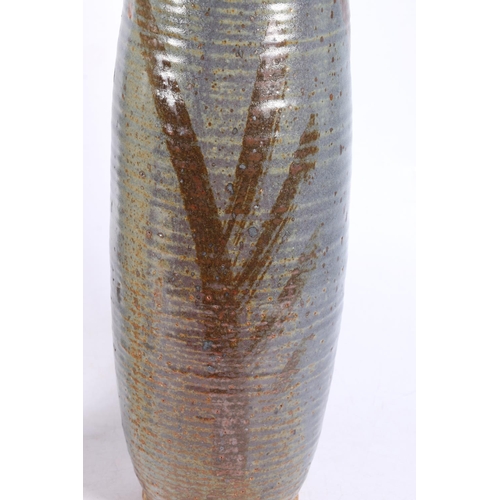 89 - Studio Pottery ribbed vase, decorated with naturalistic branches to side, signed 'Coull' to base, an... 