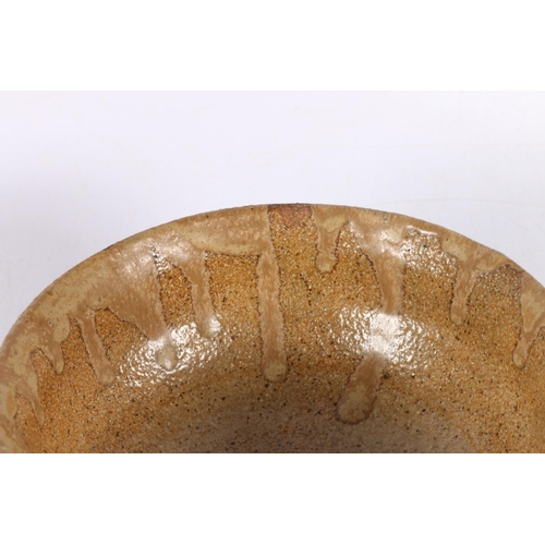 91 - Studio Pottery salt glazed pedestal bowl, indistinctly signed to base, 12cm high.