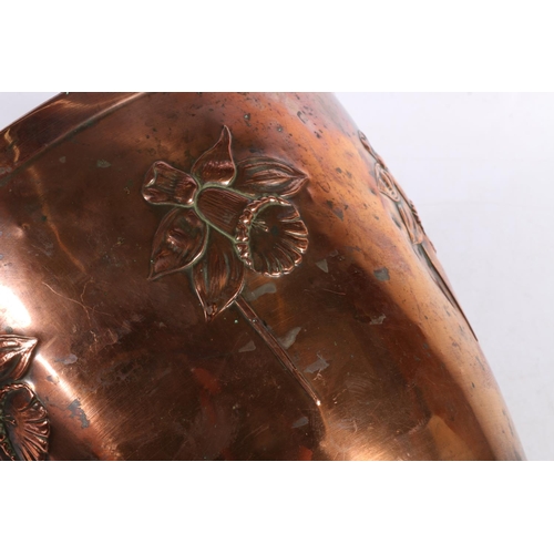 94 - Art Nouveau style copper planter, decorated with relief daffodils, signed 'J S & S' (Joseph Sank... 