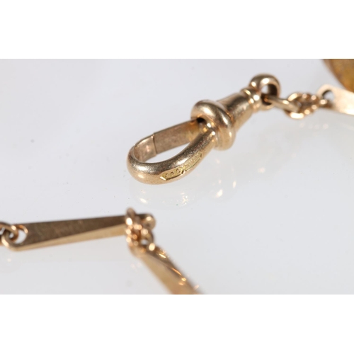 467 - 9k gold Albert chain with tapering links, 30cm, 9k gold ring, T-bar and dog clip, 11.8g gross, and a... 