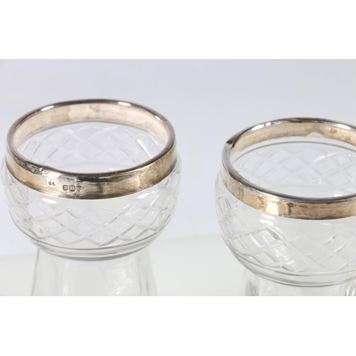 472 - Pair of glass vases with silver collars, a sorbet dish with silver collar, a scent bottle with silve... 