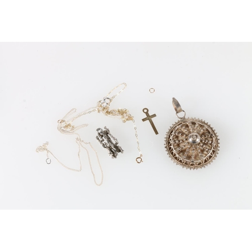 556 - 9ct gold crucifix pendant on chain <1g, a silver chain with brutalist pendant, and an Eastern whi... 