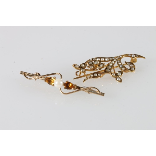 565 - Edwardian 9ct gold floral spray brooch set with seed pearls, and another set with citrine and pearl,... 