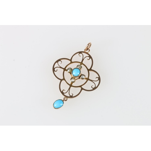 567 - 9ct gold open work pendant set with seed pearls and turquoise, 2.1g.