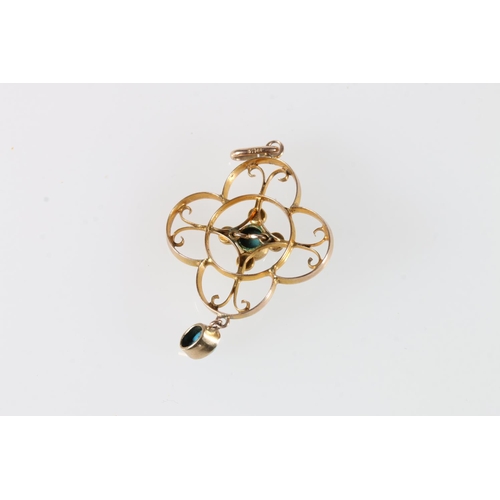 567 - 9ct gold open work pendant set with seed pearls and turquoise, 2.1g.