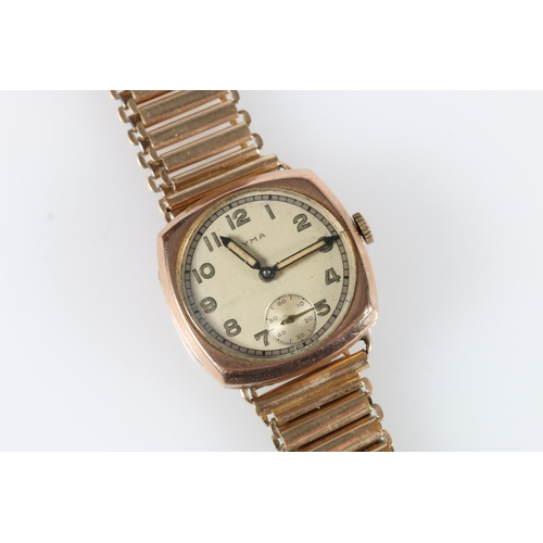 568 - Gents 9ct gold cases Cyma wristwatch with 15 jewel Cyma movement #366034, on plated bracelet, 45g gr... 