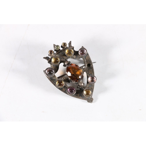 584 - Scottish Victorian silver Luckenbooth type brooch of shield shape with central faceted citrine surro... 