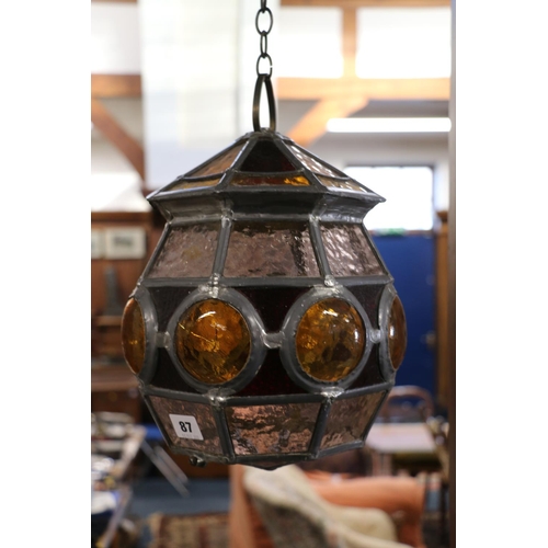 87 - Leaded glass pendant lantern, 32cm.