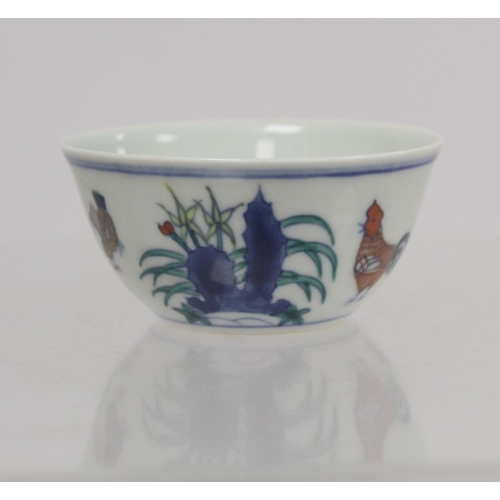 237 - Chinese Doucai porcelain chicken bowl, the base with six character Chenghua mark within double squar... 