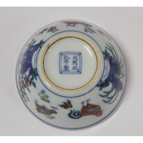 237 - Chinese Doucai porcelain chicken bowl, the base with six character Chenghua mark within double squar... 