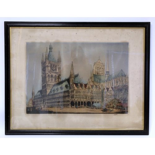 427 - Large coloured engraving by William Monk (1863-1937) of a Continental cathedral city, 66cm x 87cm, s... 