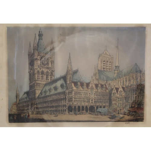 427 - Large coloured engraving by William Monk (1863-1937) of a Continental cathedral city, 66cm x 87cm, s... 