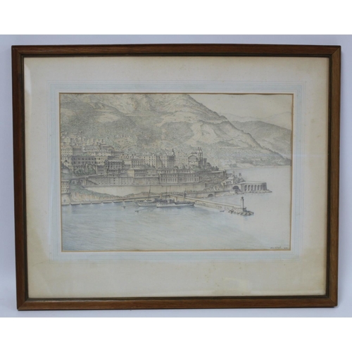 428 - Allan McNab (British 1901-1982).  Monte Carlo.Pencil and coloured crayon.32cm x 47cm.Signed, dated 1... 