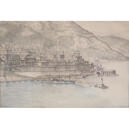 428 - Allan McNab (British 1901-1982).  Monte Carlo.Pencil and coloured crayon.32cm x 47cm.Signed, dated 1... 