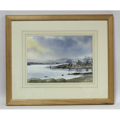 433 - Paul Holmes (Contemporary Northern Irish). Cottages by a lough.Watercolour.26cm x 36cm. Signed.... 