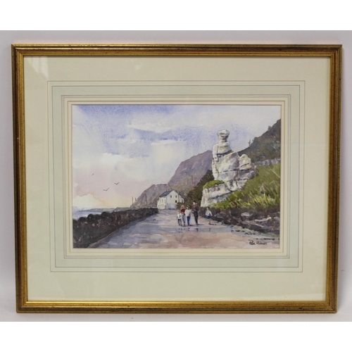 434 - Paul Holmes (Contemporary Northern Irish). Figures walking past the White Lady, Antrim Coast.37cm x ... 