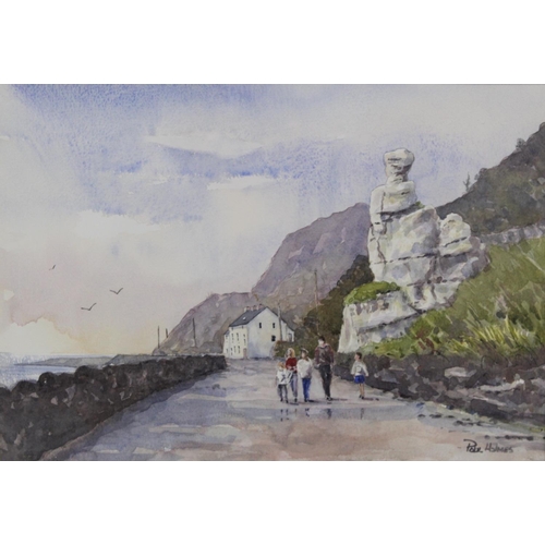 434 - Paul Holmes (Contemporary Northern Irish). Figures walking past the White Lady, Antrim Coast.37cm x ... 