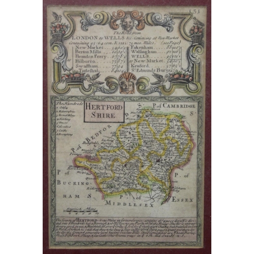 459 - Antique small hand coloured map of Hertfordshire with distances for the road from London to Wells, e... 