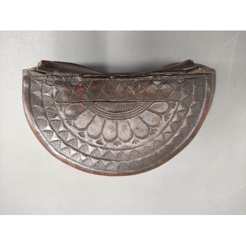 541 - Angling. Late 18th century leather 'pot bellied' fishing creel, of squat form, the embossed lid deco... 